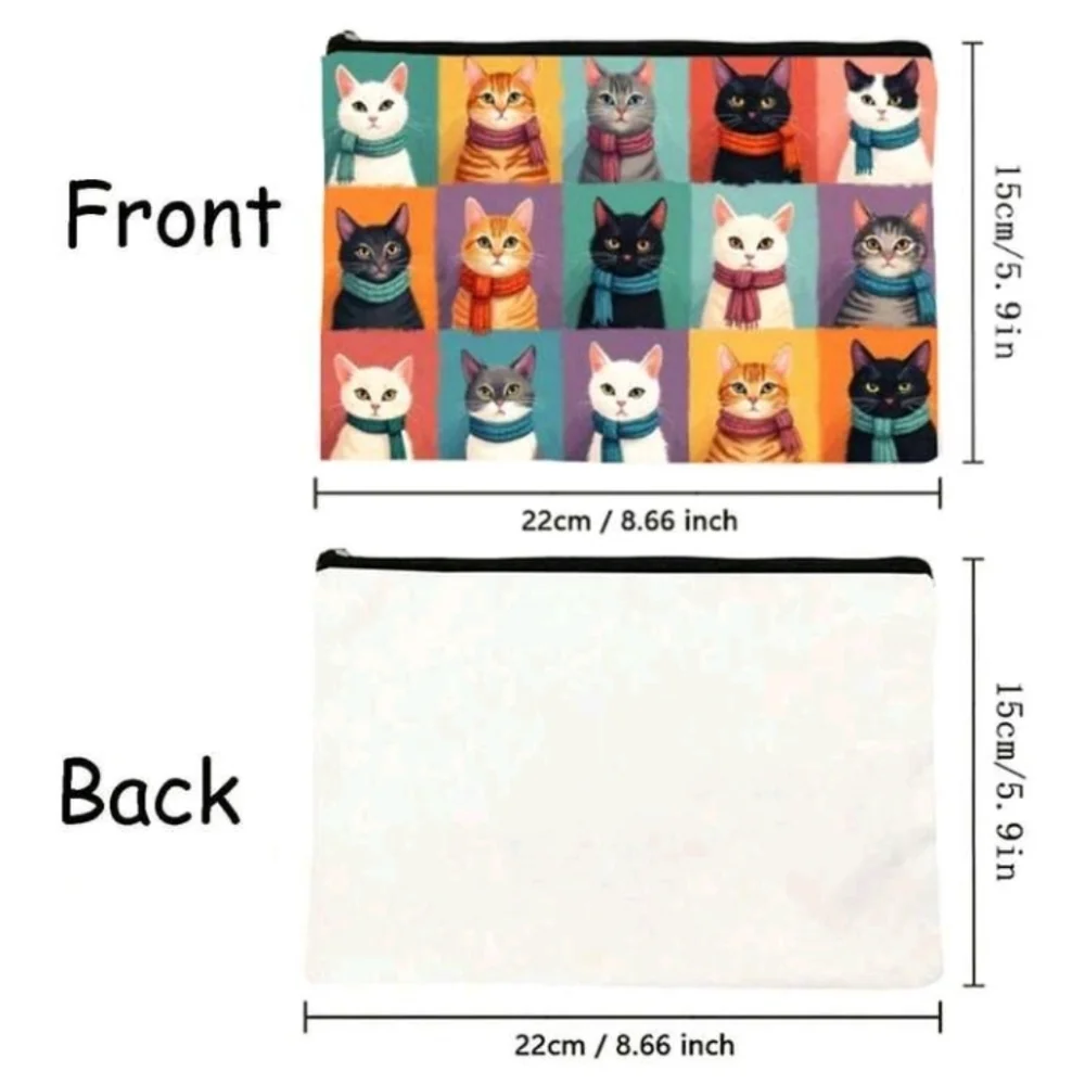 Colorful Cat Print Colorblock Canvas Travel Pouch Zipper Cat Lover Purse